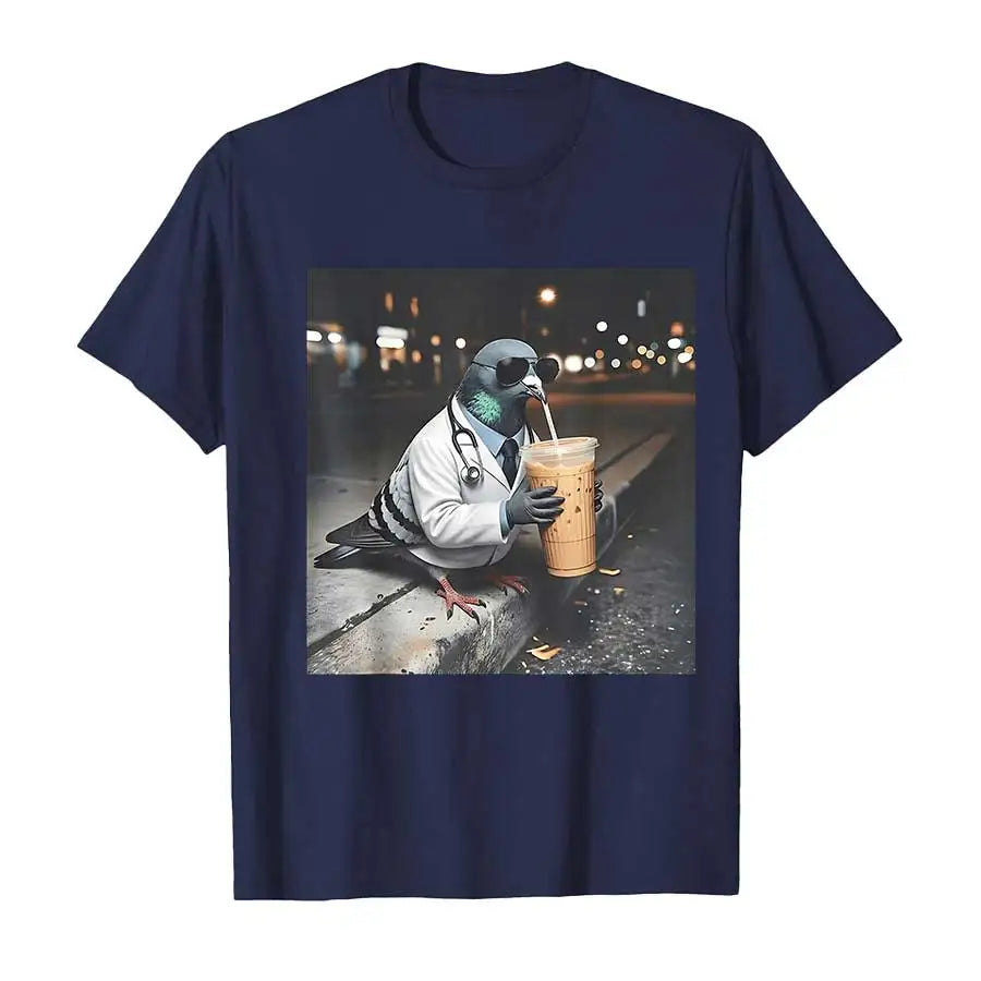 Tuff Pigeon Doctor Drinking Iced Coffee T-shirt