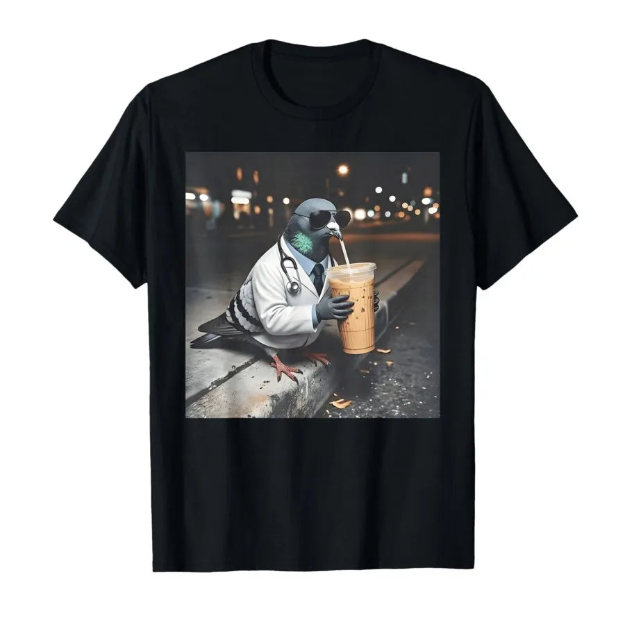 Tuff Pigeon Doctor Drinking Iced Coffee T-shirt